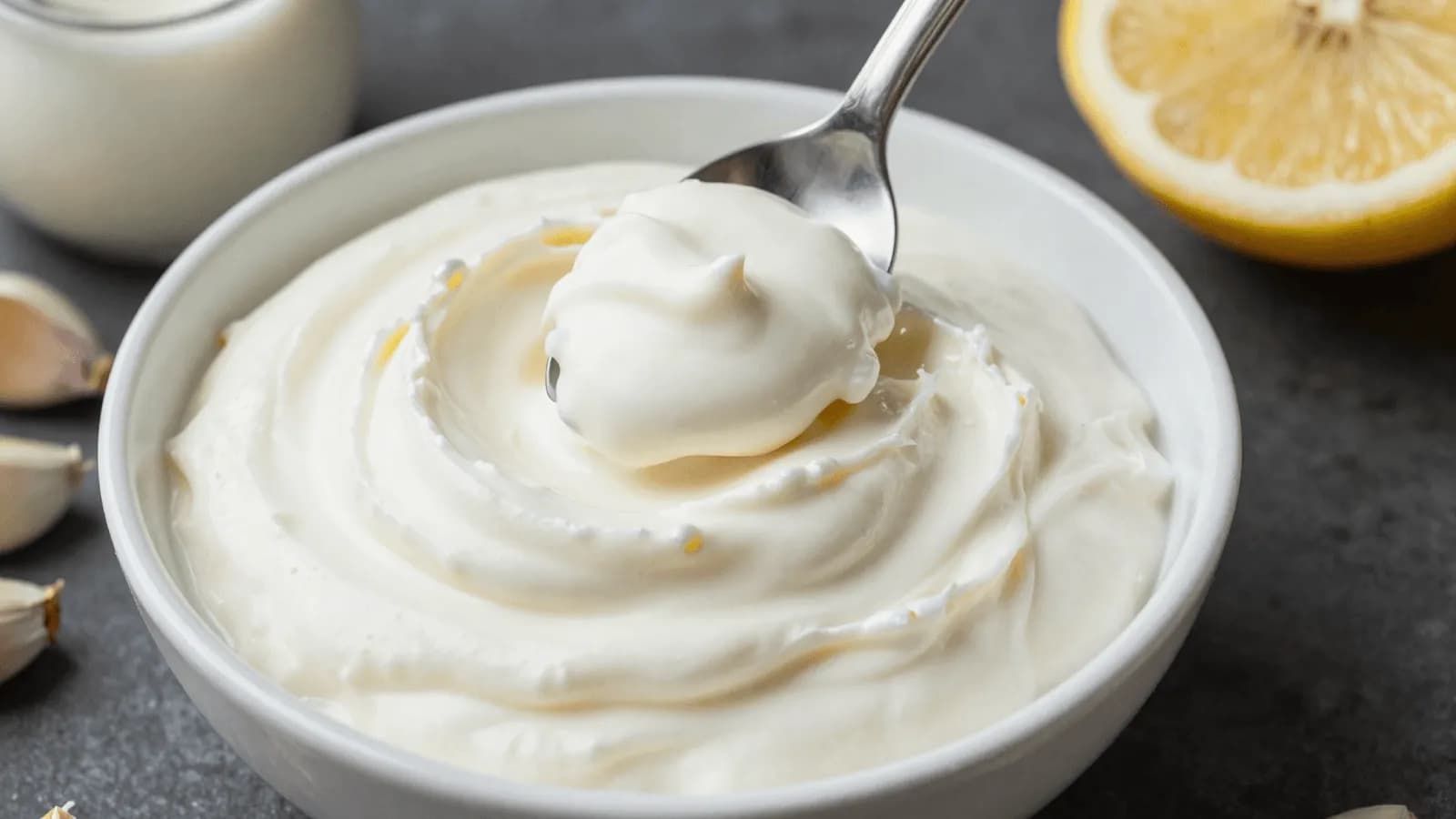 A bowl of thick white garlic sauce holding a soft peak, with a drizzle of oil beside it