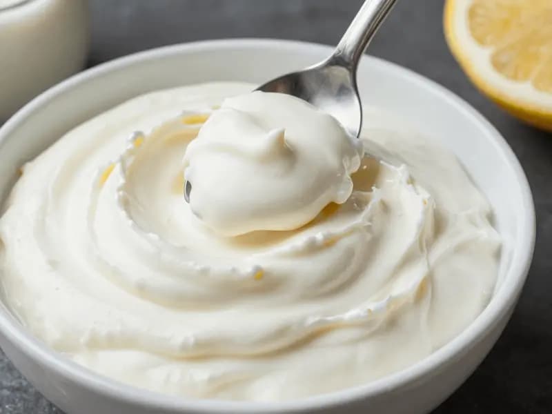 A bowl of thick white garlic sauce holding a soft peak, with a drizzle of oil beside it
