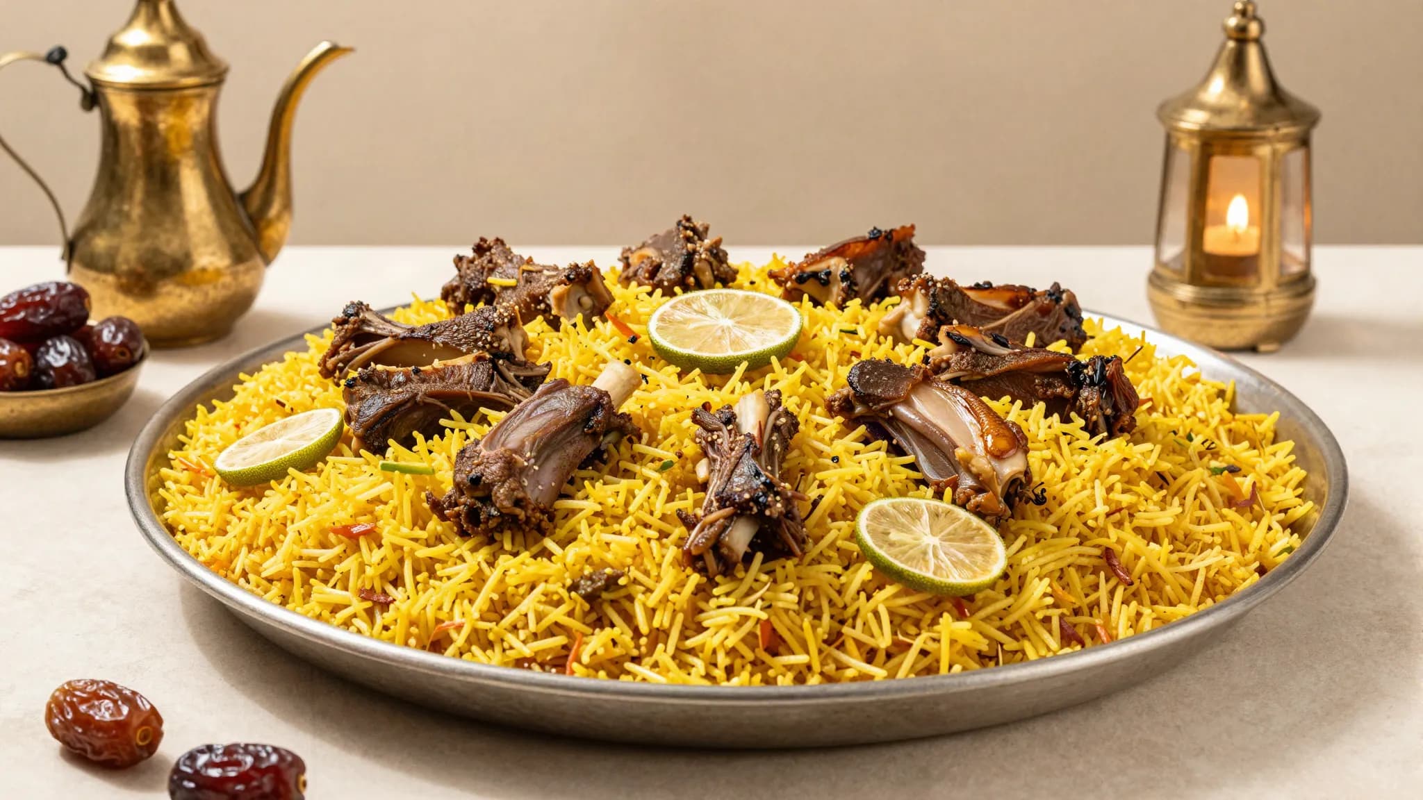 A communal platter of Emirati machboos with dried limes and dates