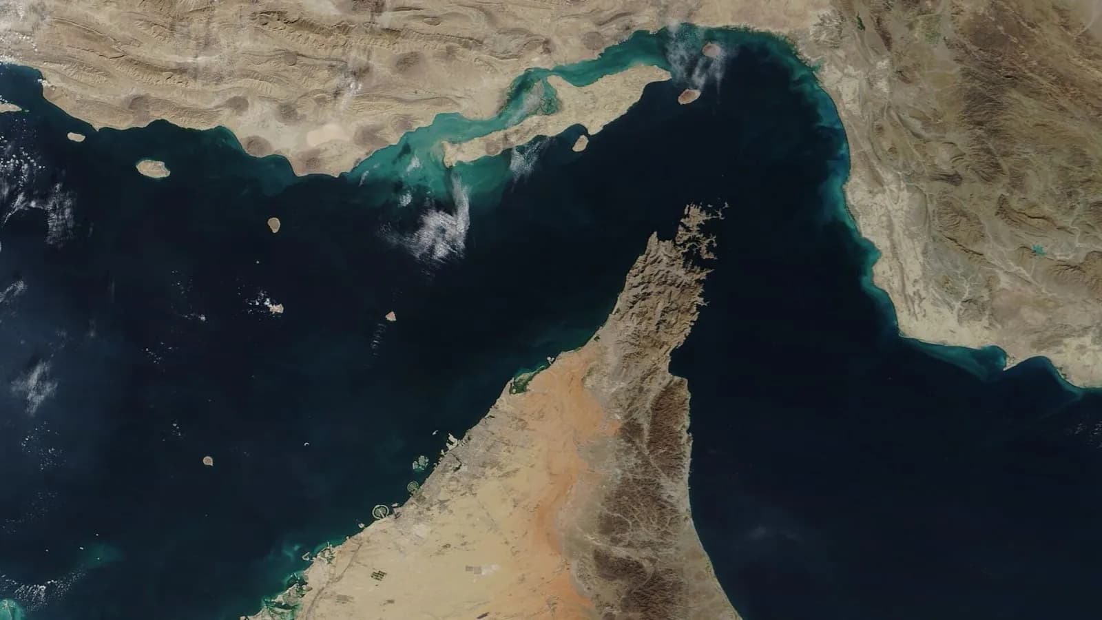 A NASA satellite image of the Strait of Hormuz with the Iranian coast to the north and the Musandam peninsula to the south, taken on 2 December 2020, a file image of the waterway and not of current events