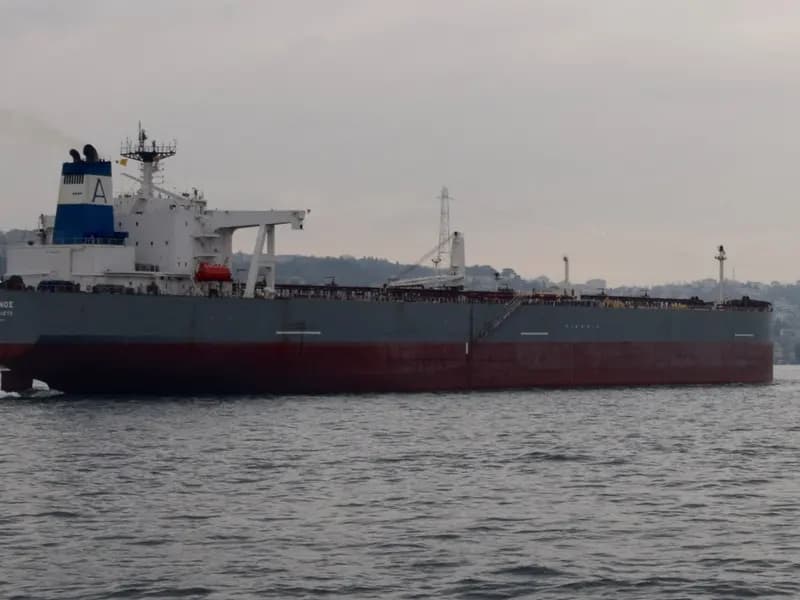 A crude oil tanker in the Bosphorus Strait in Istanbul, illustrative of tanker traffic through a strategic strait and not the Strait of Hormuz itself, photographed in December 2014
