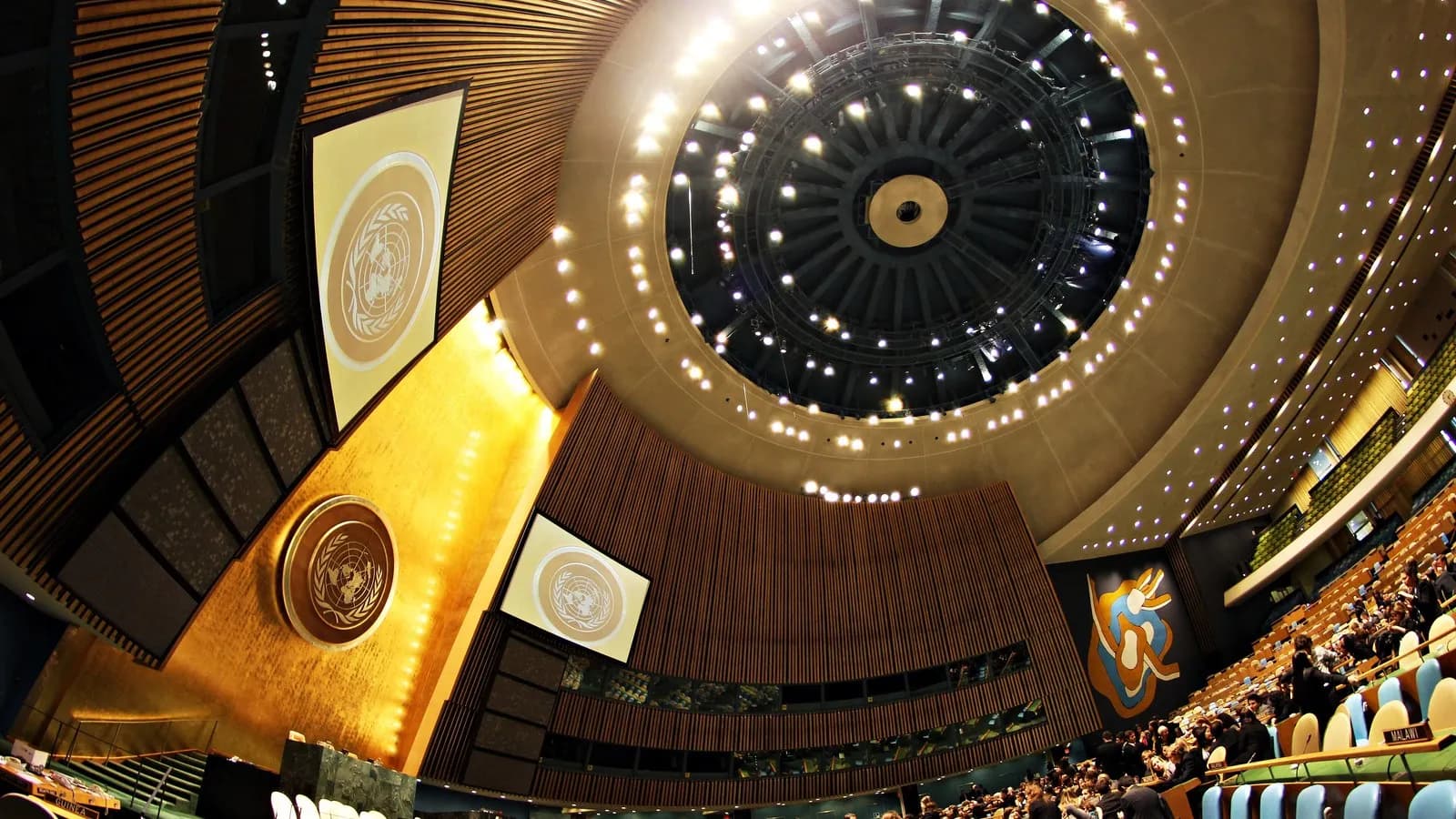 The United Nations General Assembly Hall in New York, where high-level week speeches are delivered, photographed in April 2011