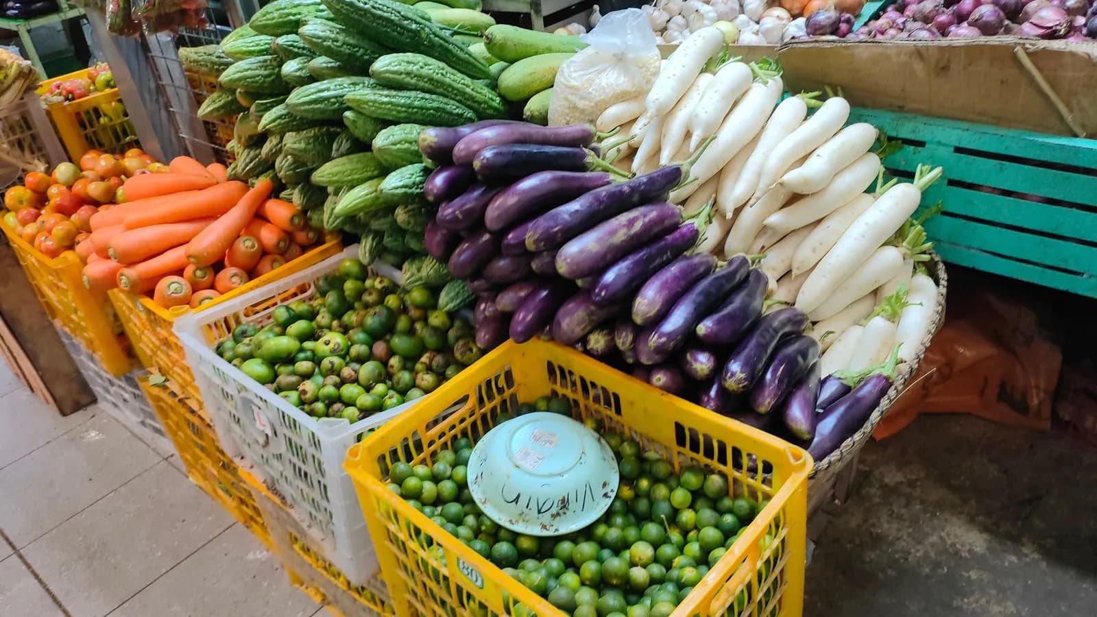 A fresh vegetable display at a market