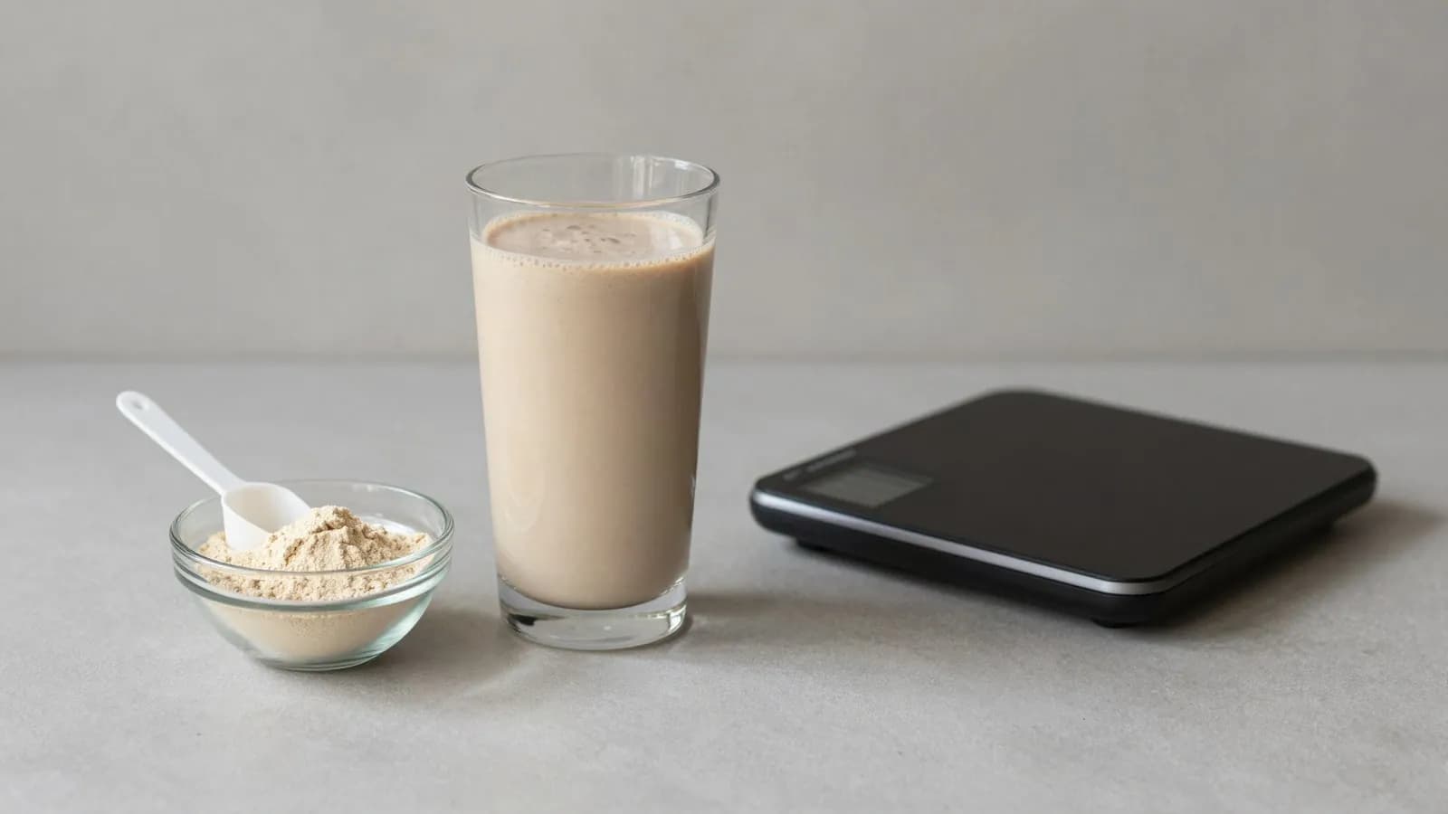 A meal-replacement formula shake, powder and a kitchen scale
