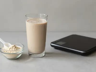 A meal-replacement formula shake, powder and a kitchen scale