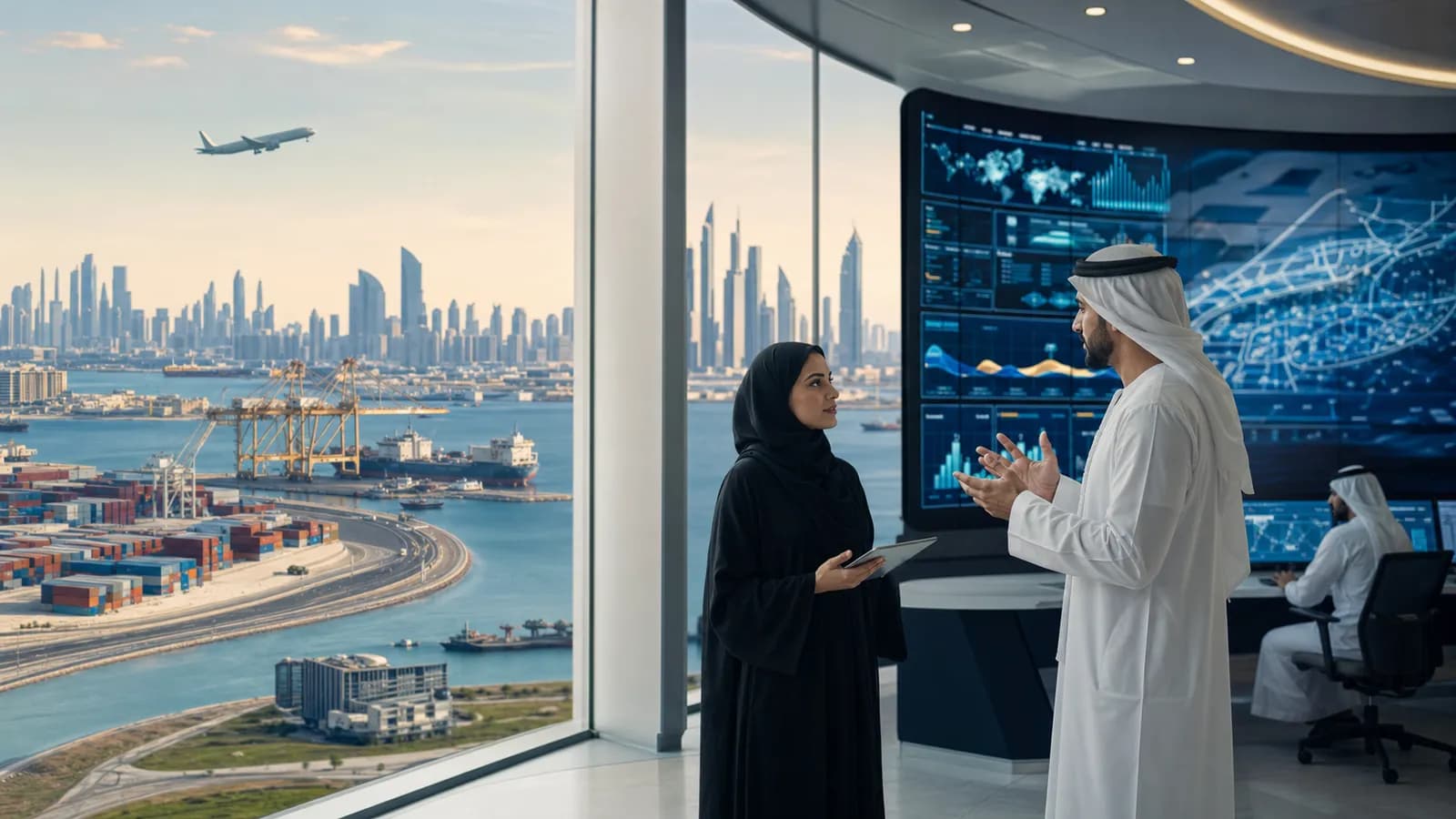 A UAE skyline connected to modern port and logistics infrastructure