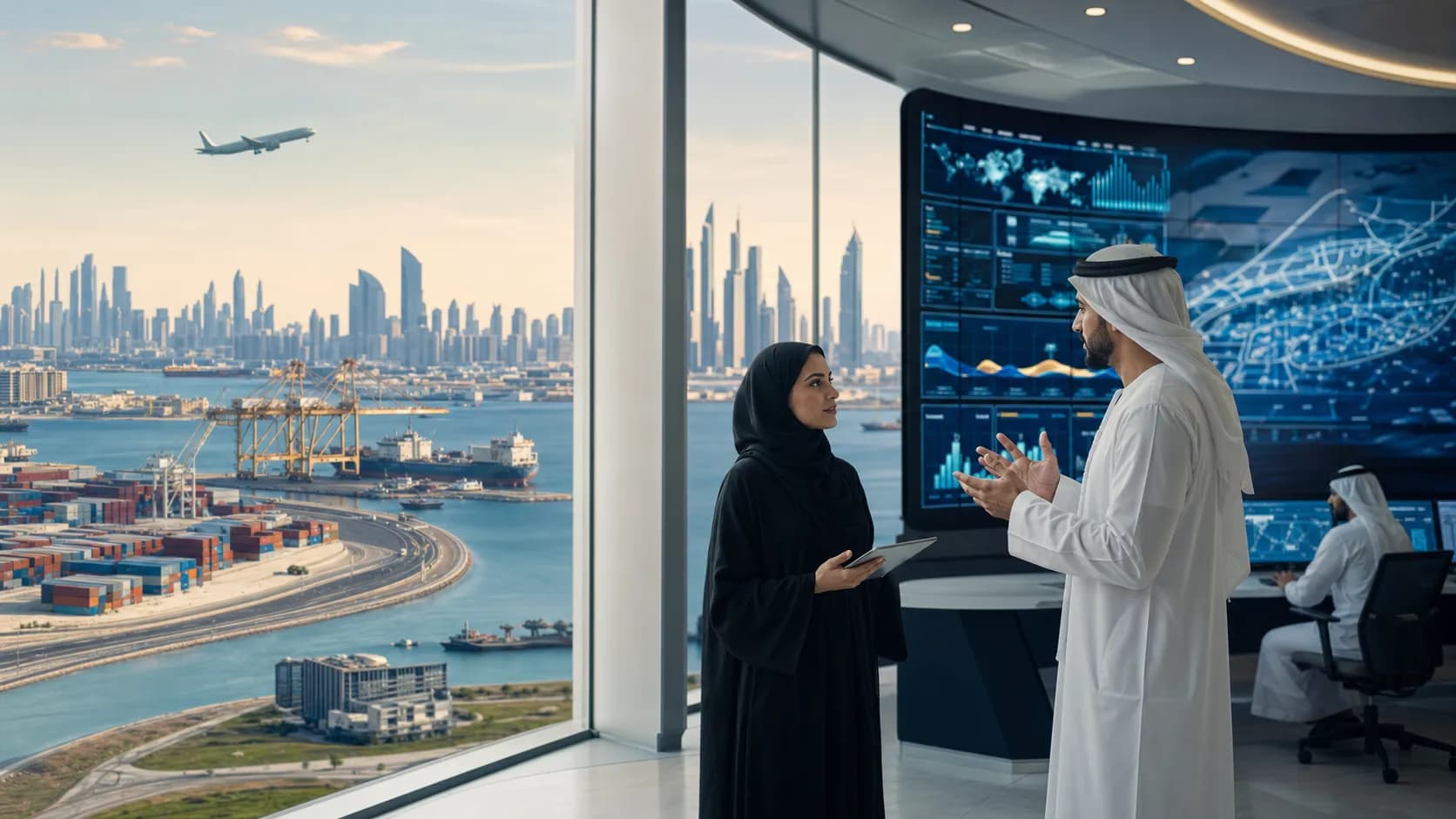 A UAE skyline connected to modern port and logistics infrastructure