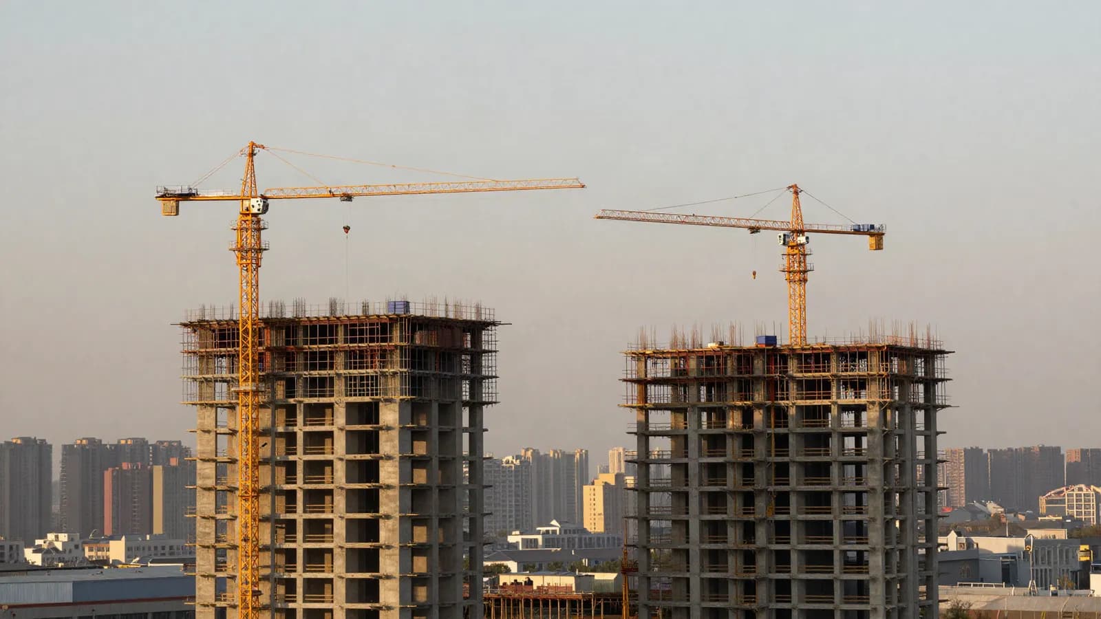 Cranes above a construction site against a city skyline