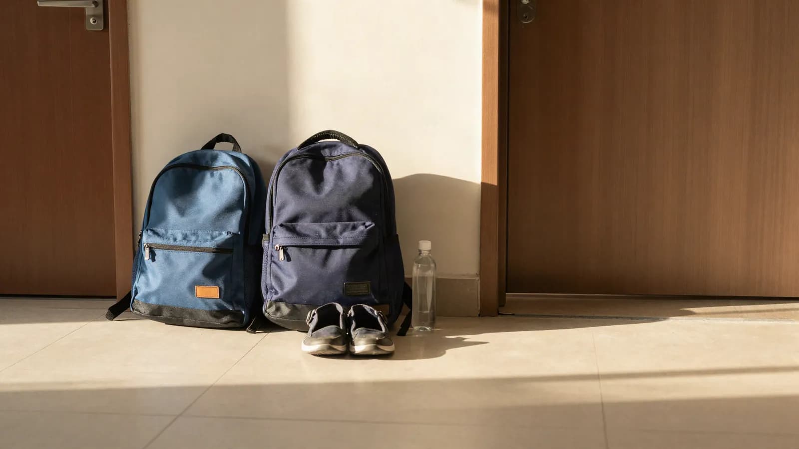 School bags and shoes lined up by a front door in morning light