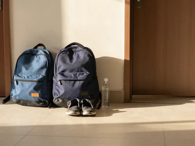School bags and shoes lined up by a front door in morning light