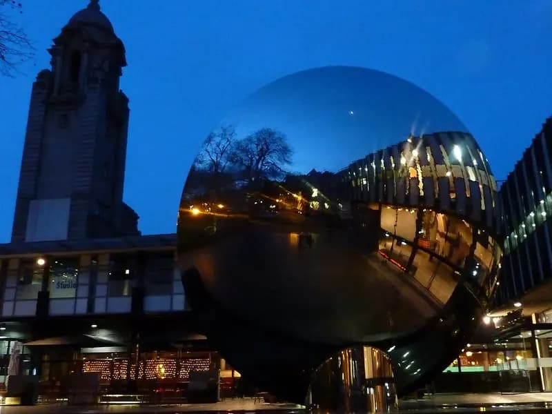 Nottingham Playhouse and the Sky Mirror sculpture at dusk, photographed in January 2015, a file photograph of the theatre that produced the best new play winner and not from the awards ceremony