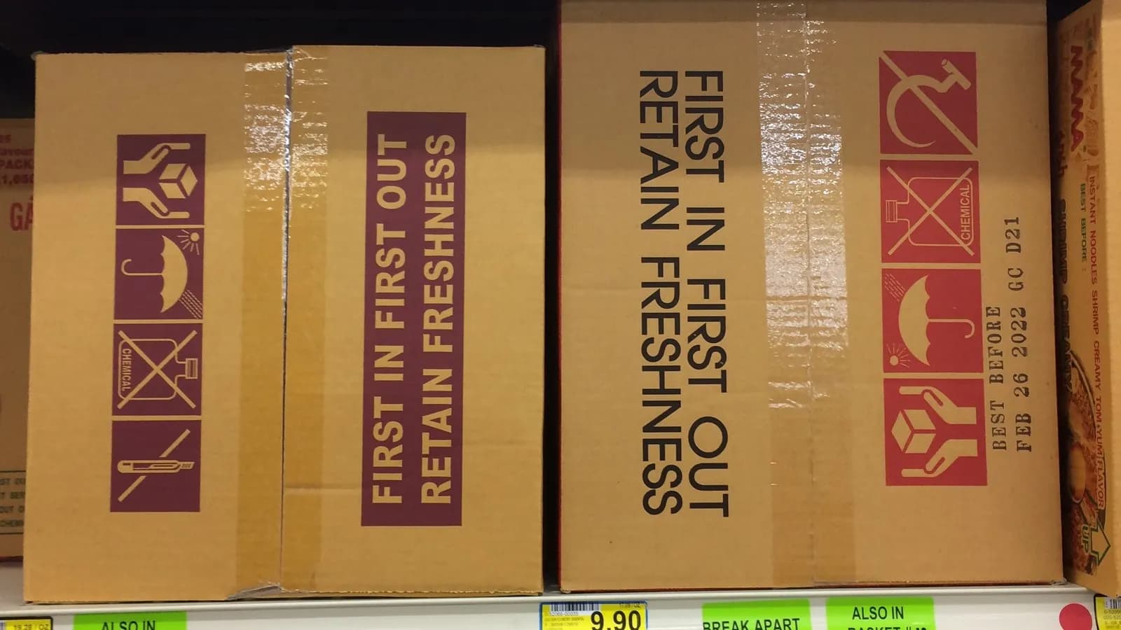 Boxes of instant noodles on a supermarket shelf, illustrative of ultra-processed food and not tied to any participant in the study, photographed in April 2021