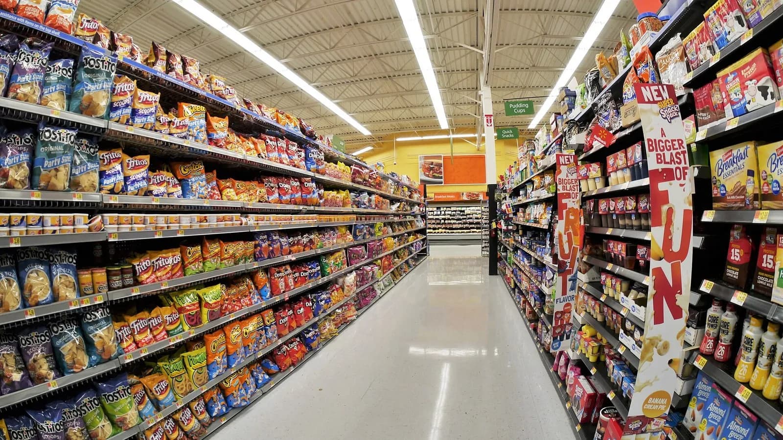 Shelves of potato chips and other packaged snack foods in a supermarket in Wenatchee, Washington, photographed on 13 February 2018, a file photograph illustrative of ultra-processed foods and not of the study meals