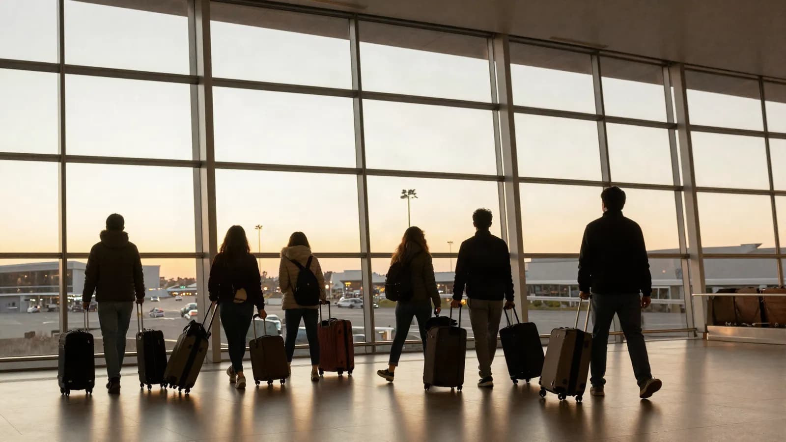 Travellers with luggage silhouetted against airport windows at golden hour