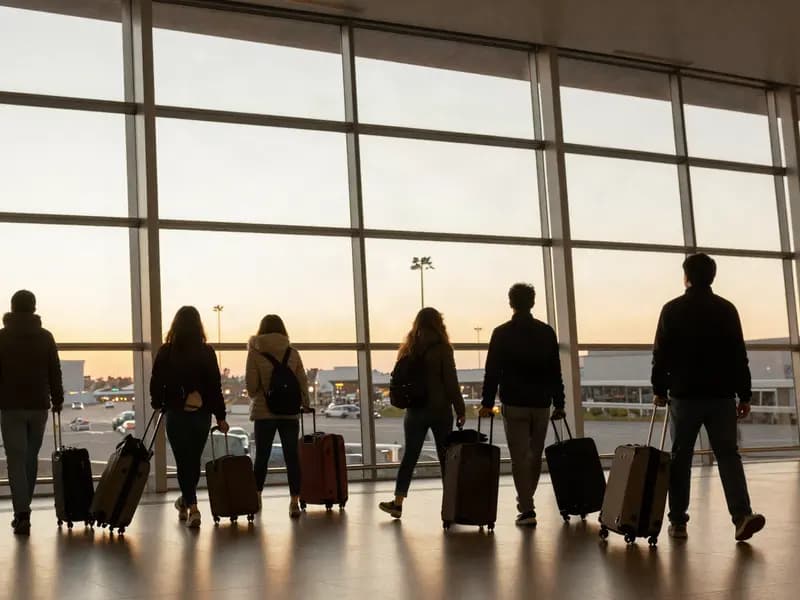 Travellers with luggage silhouetted against airport windows at golden hour