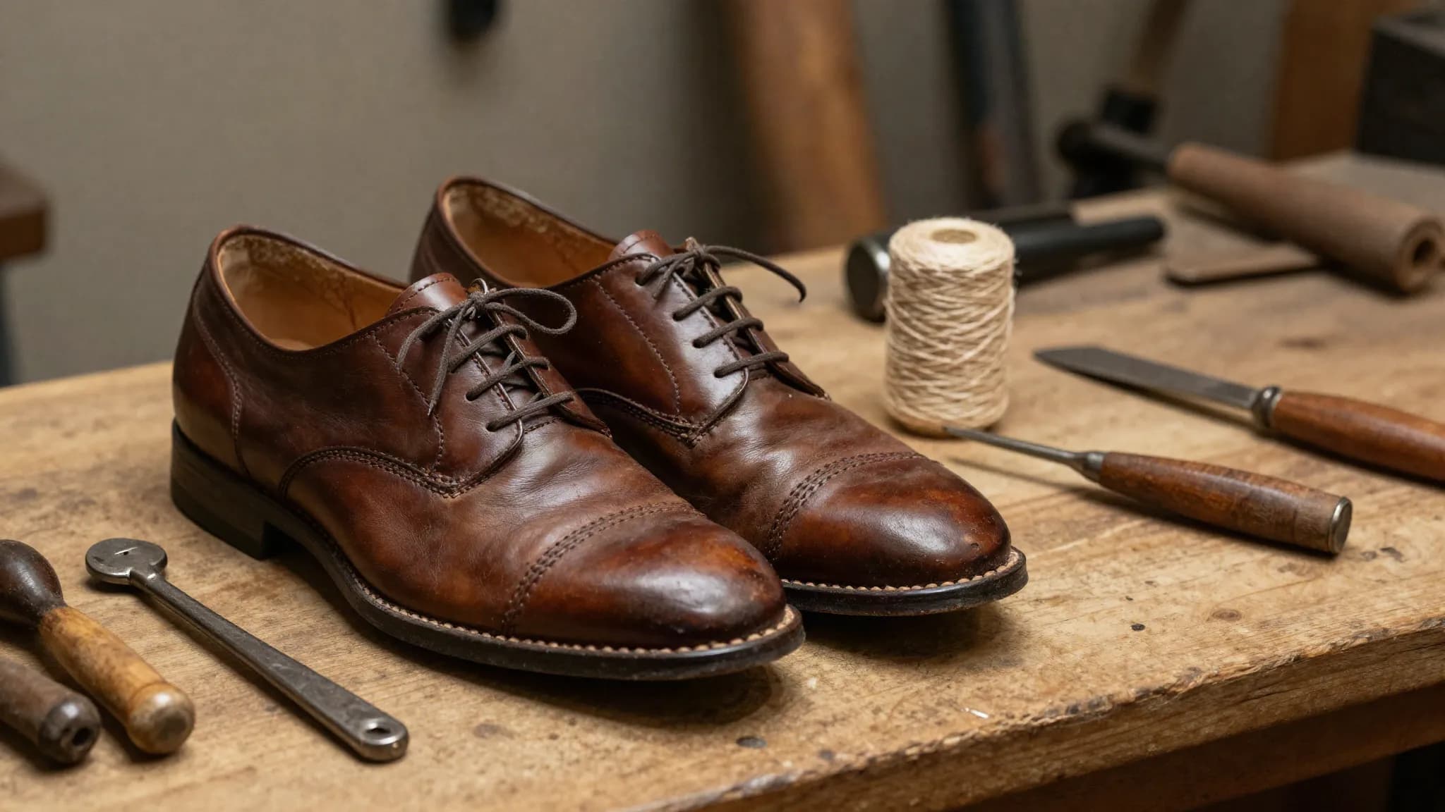 Well-worn leather shoes on a cobbler's bench with hand tools