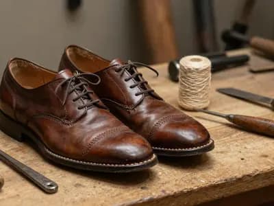 Well-worn leather shoes on a cobbler's bench with hand tools