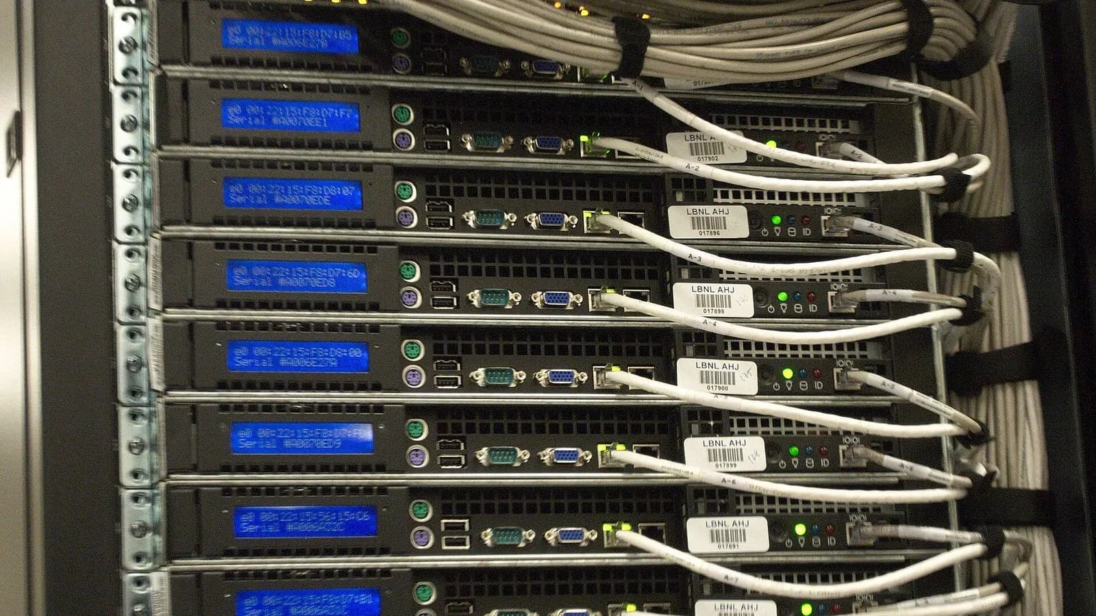A close view of a data centre server rack with rows of blue LED screens and white Ethernet cables, photographed on 14 October 2011 at a research computing centre in Berkeley, California, a file photograph illustrative of computing hardware and not of any company's AI spending