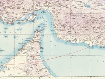A 1945 British War Office map of the Persian Gulf, the Strait of Hormuz and the Musandam peninsula in pale blue and pink, an illustrative historical map and not a photograph of any incident