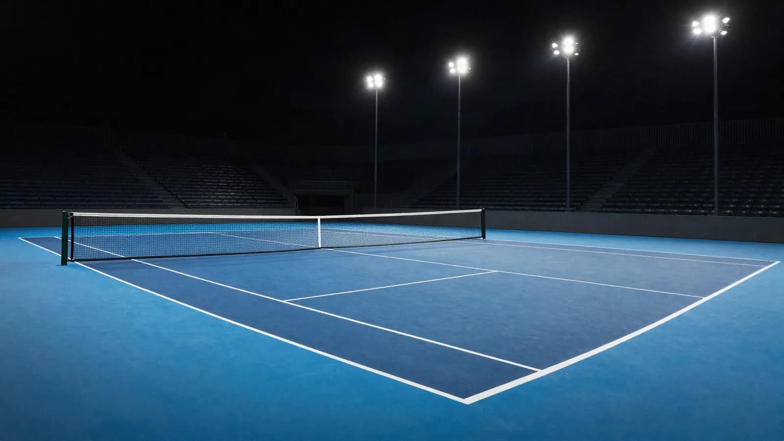 A floodlit hard tennis court at night