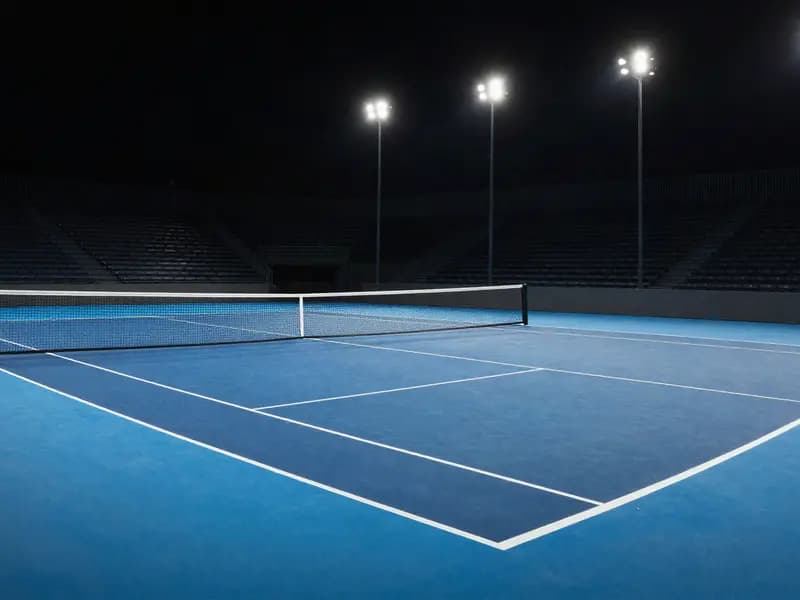 A floodlit hard tennis court at night