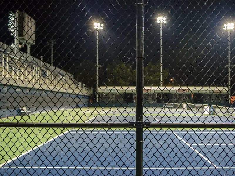 Hard courts at the US Open site in Flushing Meadows at night, seen through a perimeter fence