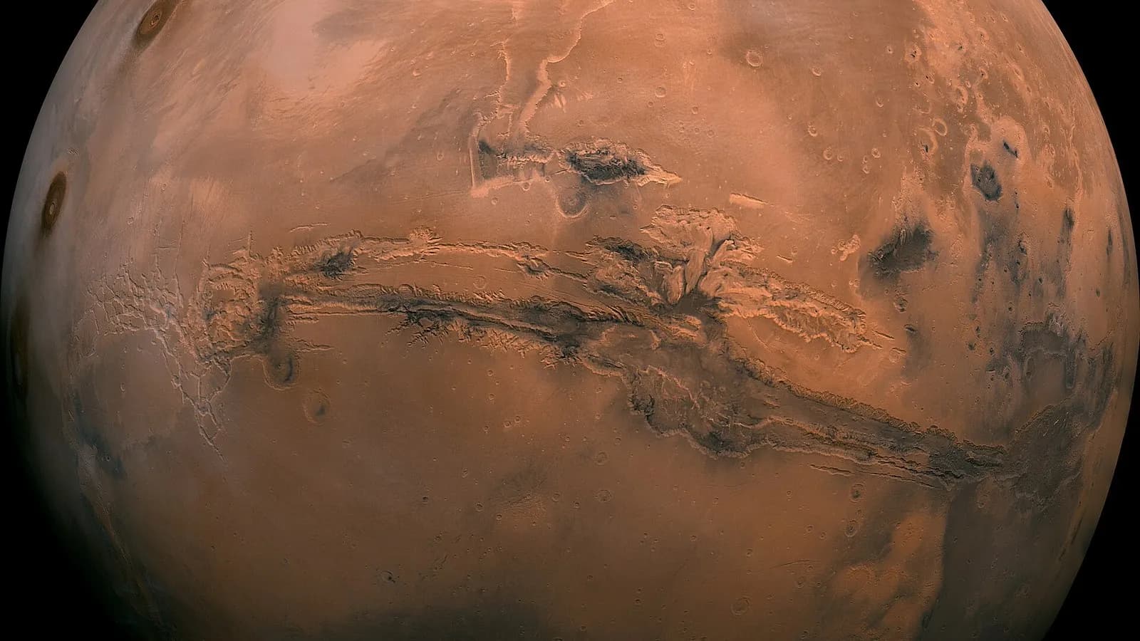 A view of Mars with the Valles Marineris canyon system running across the middle of the globe, assembled from Viking 1 Orbiter images taken on 22 February 1980, a file image of the canyon and not related to the 2021 marsquake itself