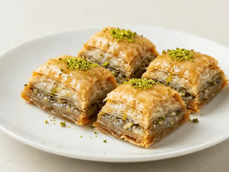 Diamond-cut baklava pieces topped with finely crushed pistachio on a plain serving plate