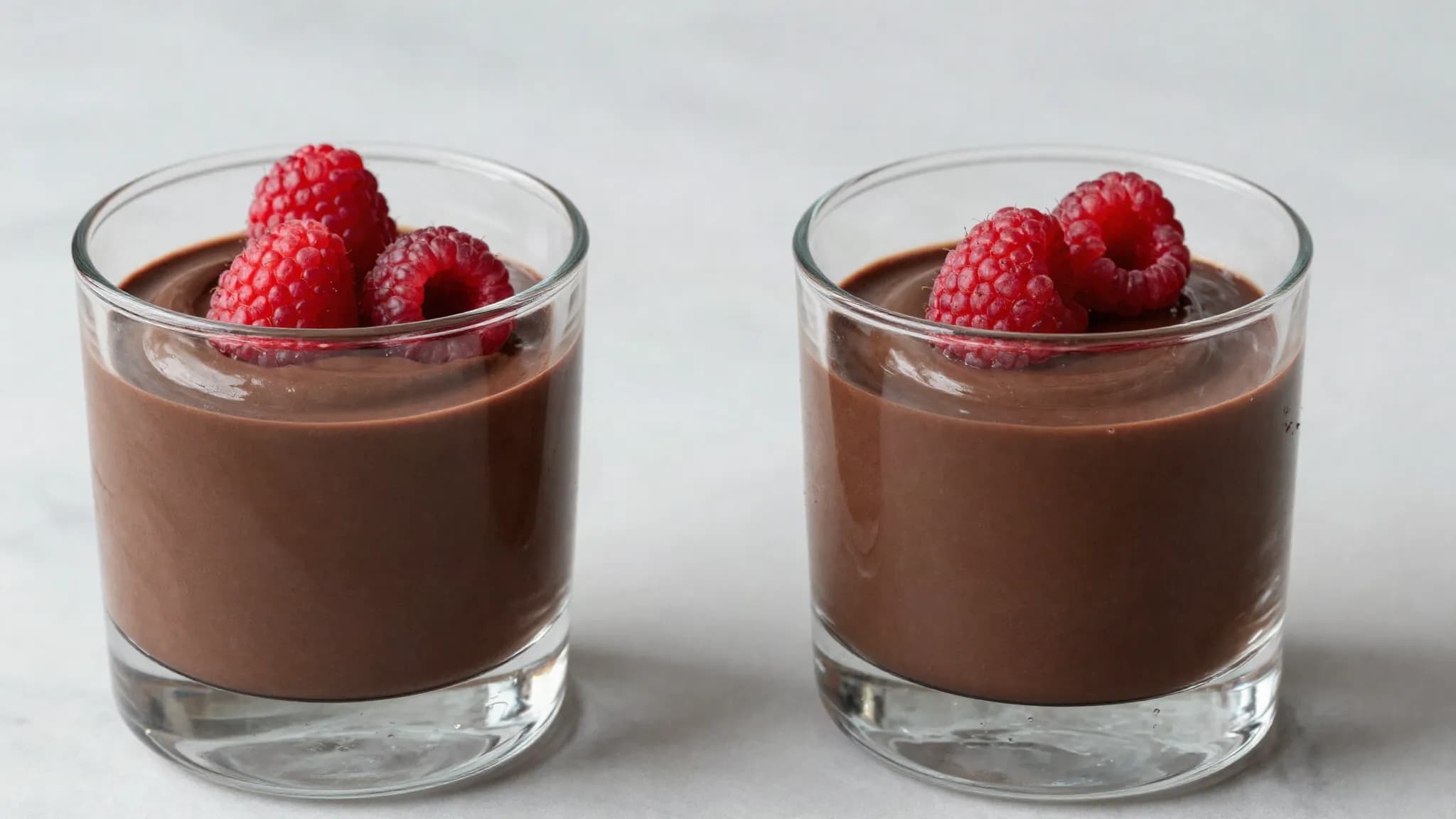 Two glasses of dark chocolate mousse topped with raspberries