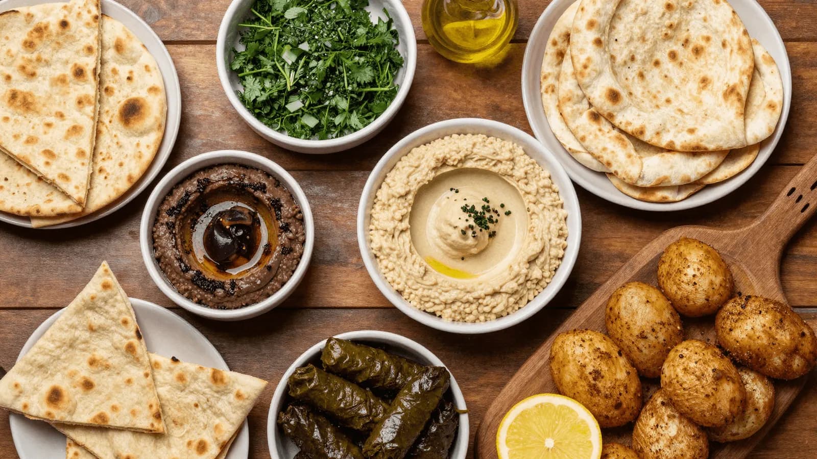 A mezze table of dips, salads and pulses with flatbread, no meat on it