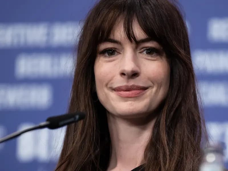 Actress Anne Hathaway, the star of Verity, at a press conference in February 2023, a file photograph and not a still from the film