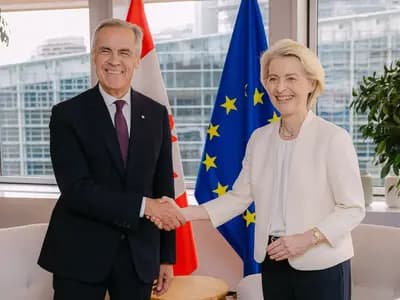 Mark Carney and Ursula von der Leyen shake hands before her State of the Union address in Strasbourg on 16 September 2026, in a European Commission photograph