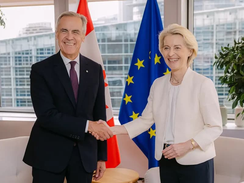 Mark Carney and Ursula von der Leyen shake hands before her State of the Union address in Strasbourg on 16 September 2026, in a European Commission photograph