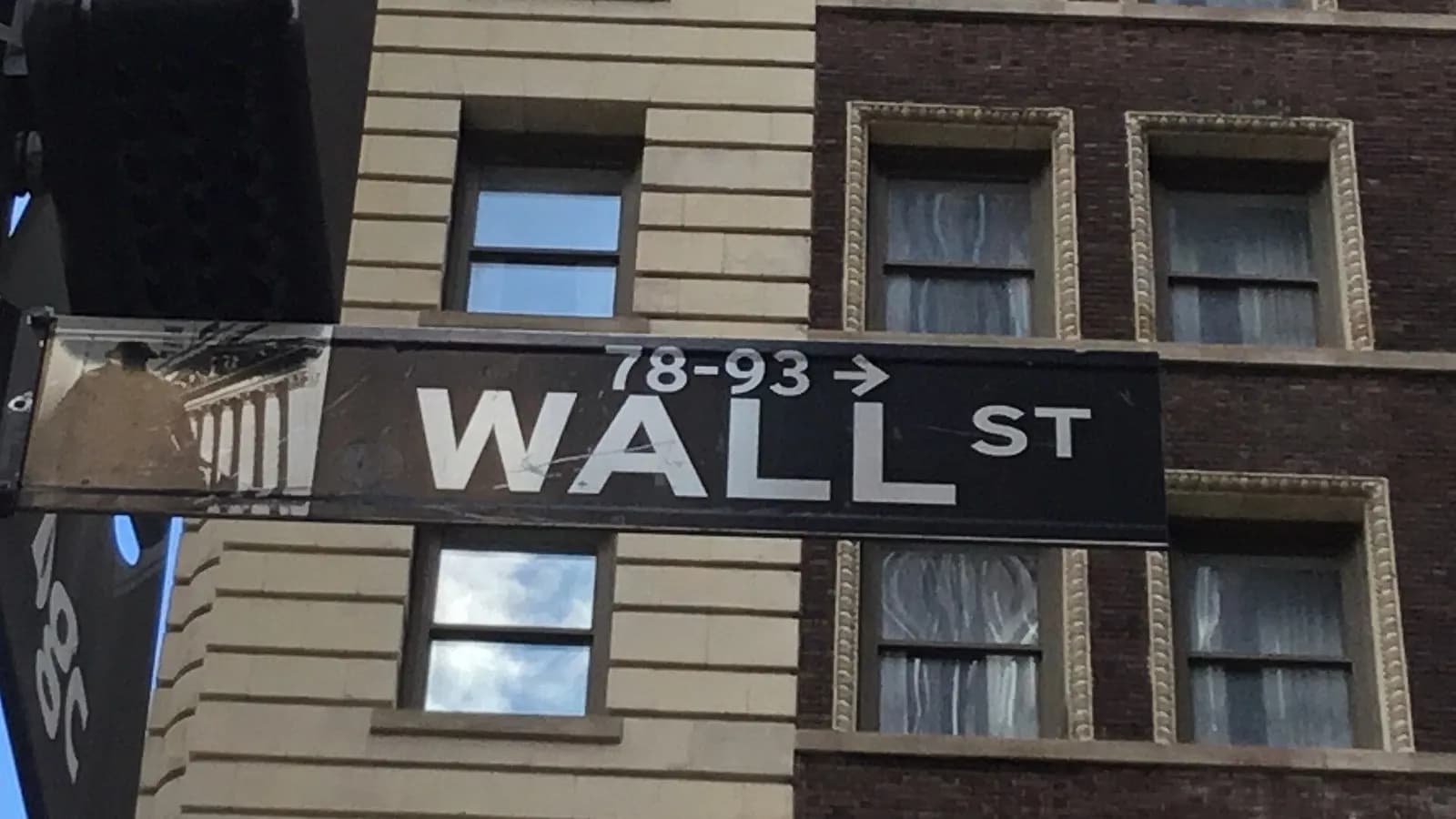 A black and white Wall Street street sign mounted on a building corner in lower Manhattan, photographed on 19 April 2022, a file photograph illustrative of the financial district and not of Friday's trading