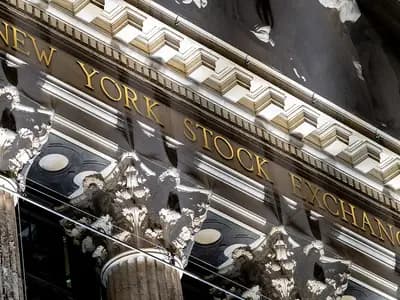 The gilded lettering of the New York Stock Exchange above Corinthian columns on Broad Street in Manhattan, photographed on 5 January 2021, a file photograph of the exchange and not of Wednesday's trading
