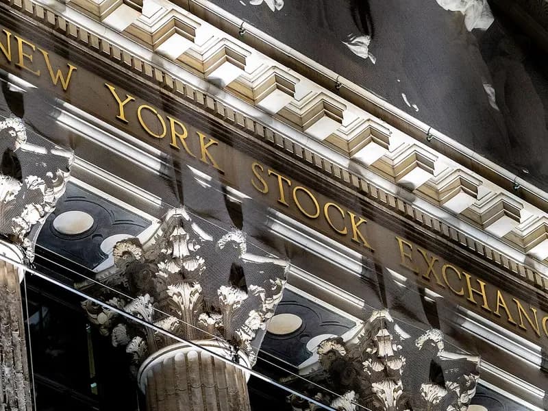 The gilded lettering of the New York Stock Exchange above Corinthian columns on Broad Street in Manhattan, photographed on 5 January 2021, a file photograph of the exchange and not of Wednesday's trading