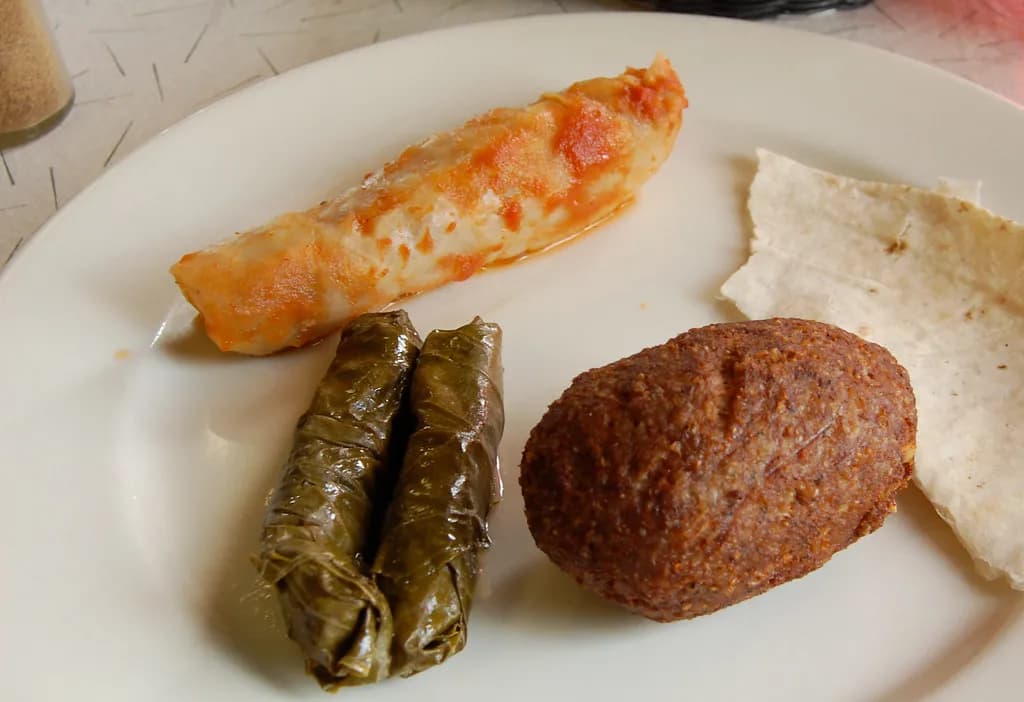Warak enab grape leaf rolls arranged on a plate with lemony broth