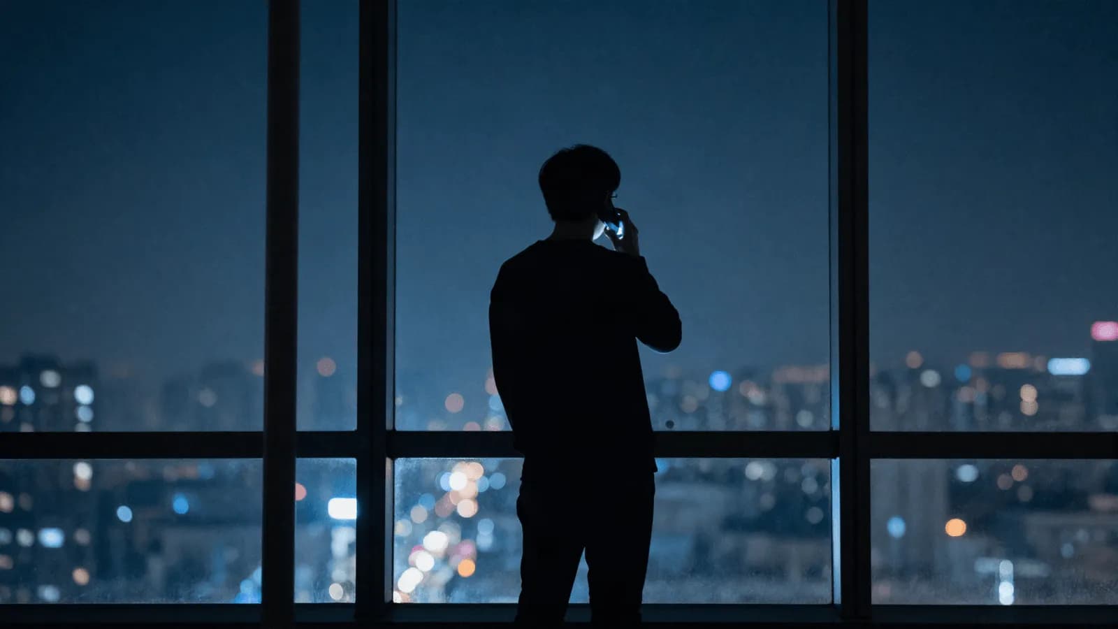 A person on a phone call at a window at night, city lights behind them