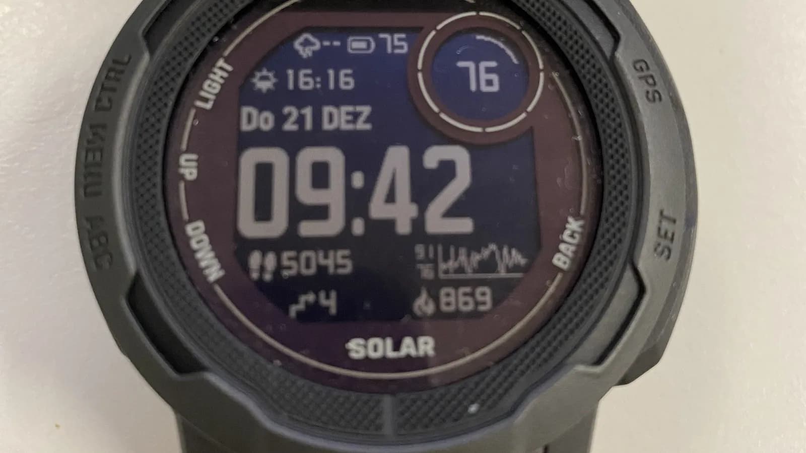 A smartwatch face showing step count and activity data