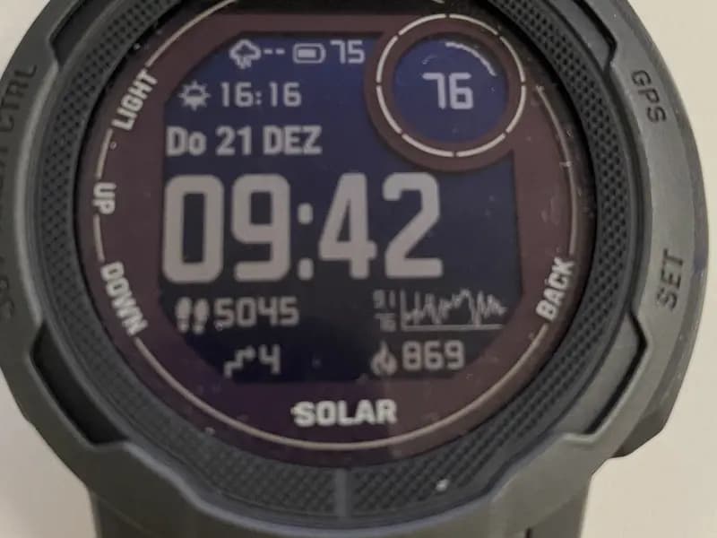 A smartwatch face showing step count and activity data