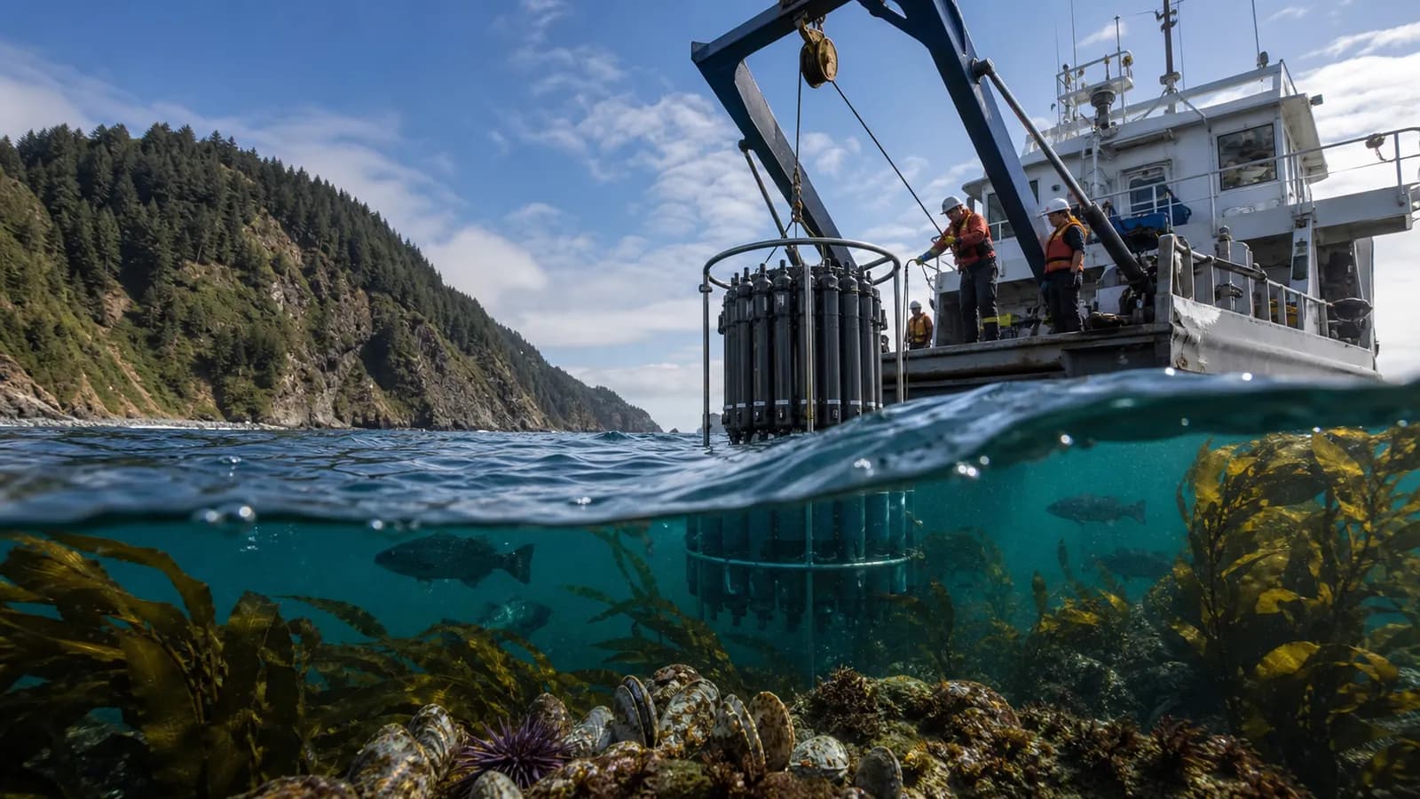 Marine researchers deploying ocean sensors from a vessel above a living coastal ecosystem