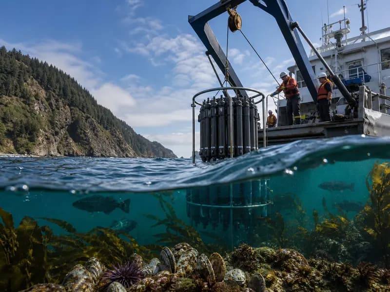 Marine researchers deploying ocean sensors from a vessel above a living coastal ecosystem