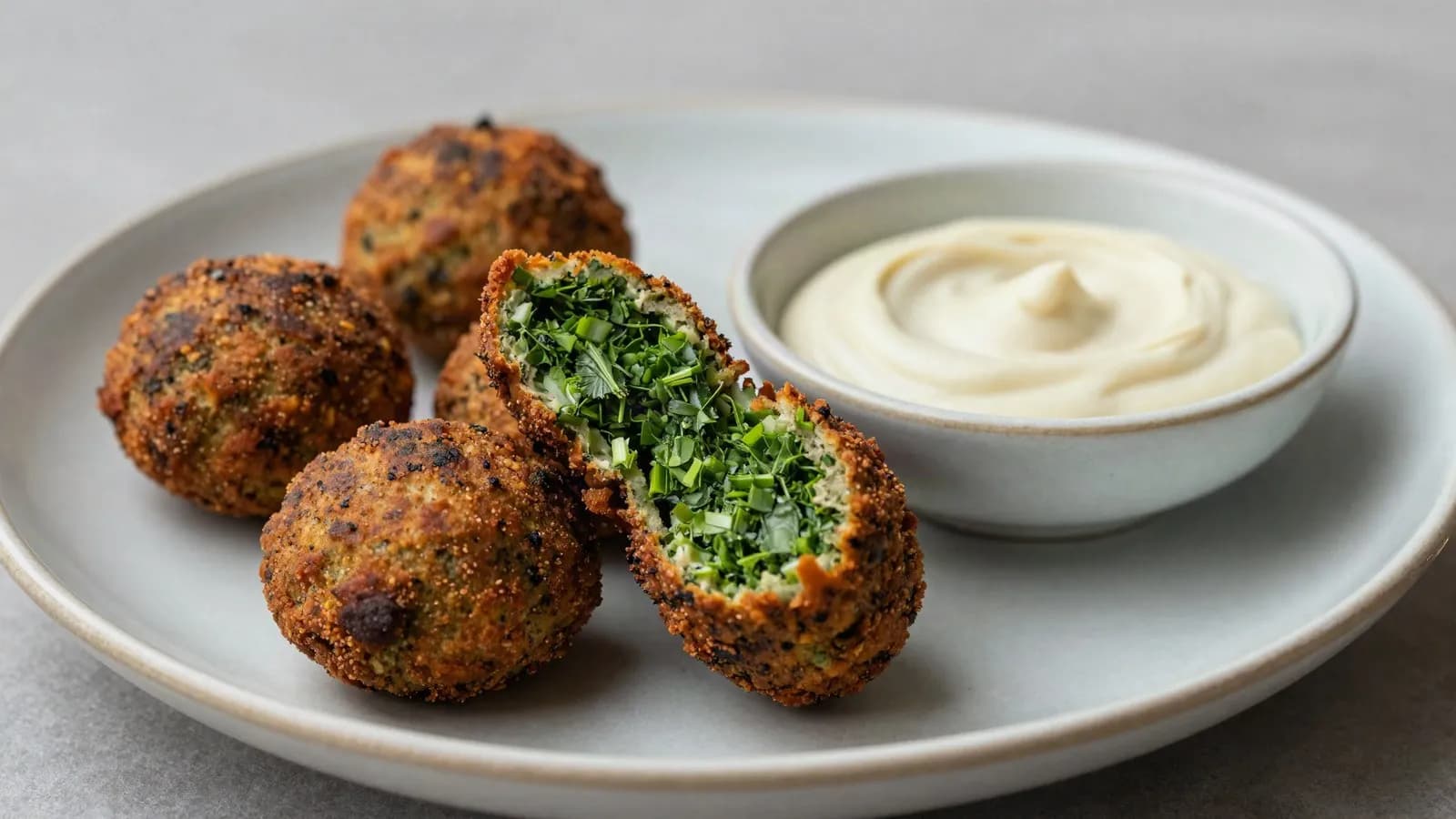 Freshly fried falafel, one broken open to show the green herb flecked interior