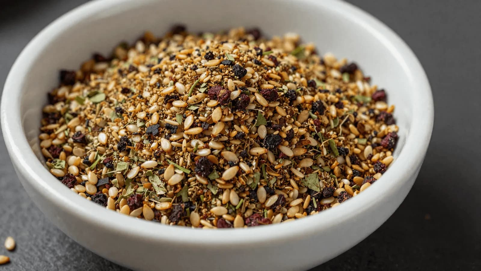 A bowl of za'atar showing distinct green herb, toasted sesame seeds and dark red sumac