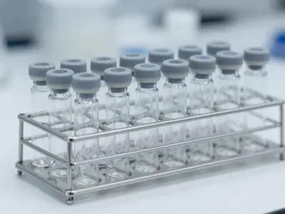 Small laboratory vials in a rack under clean laboratory light