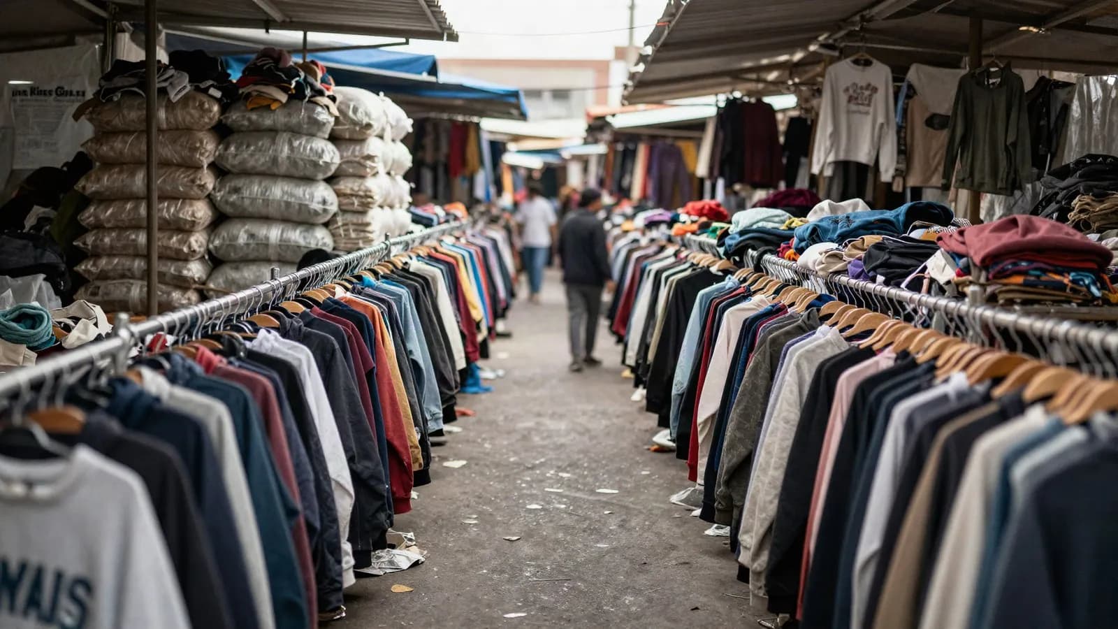 Densely packed secondhand clothing stalls in an open air market