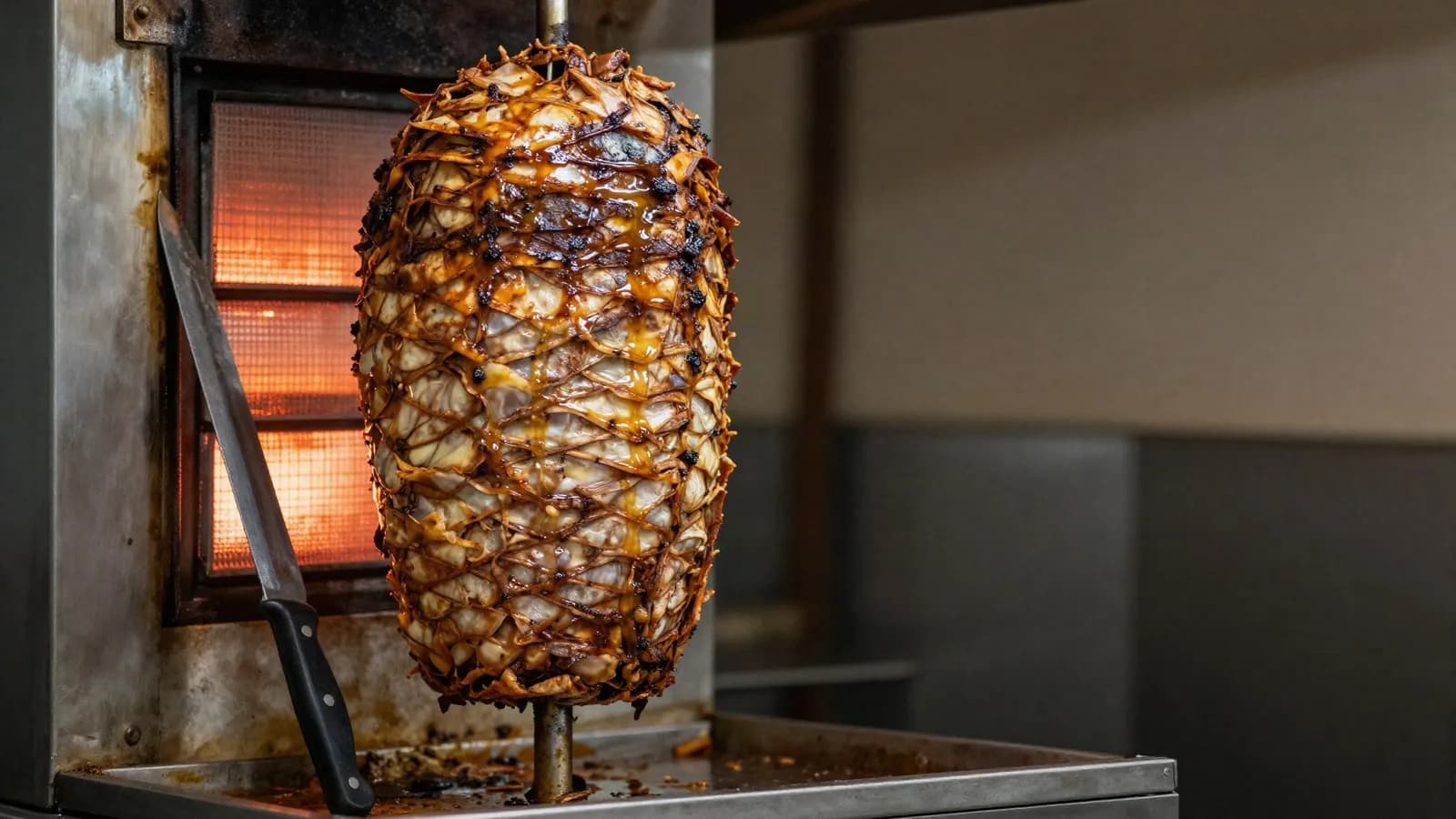 A vertical spit of layered shawarma meat turning in front of a heat source