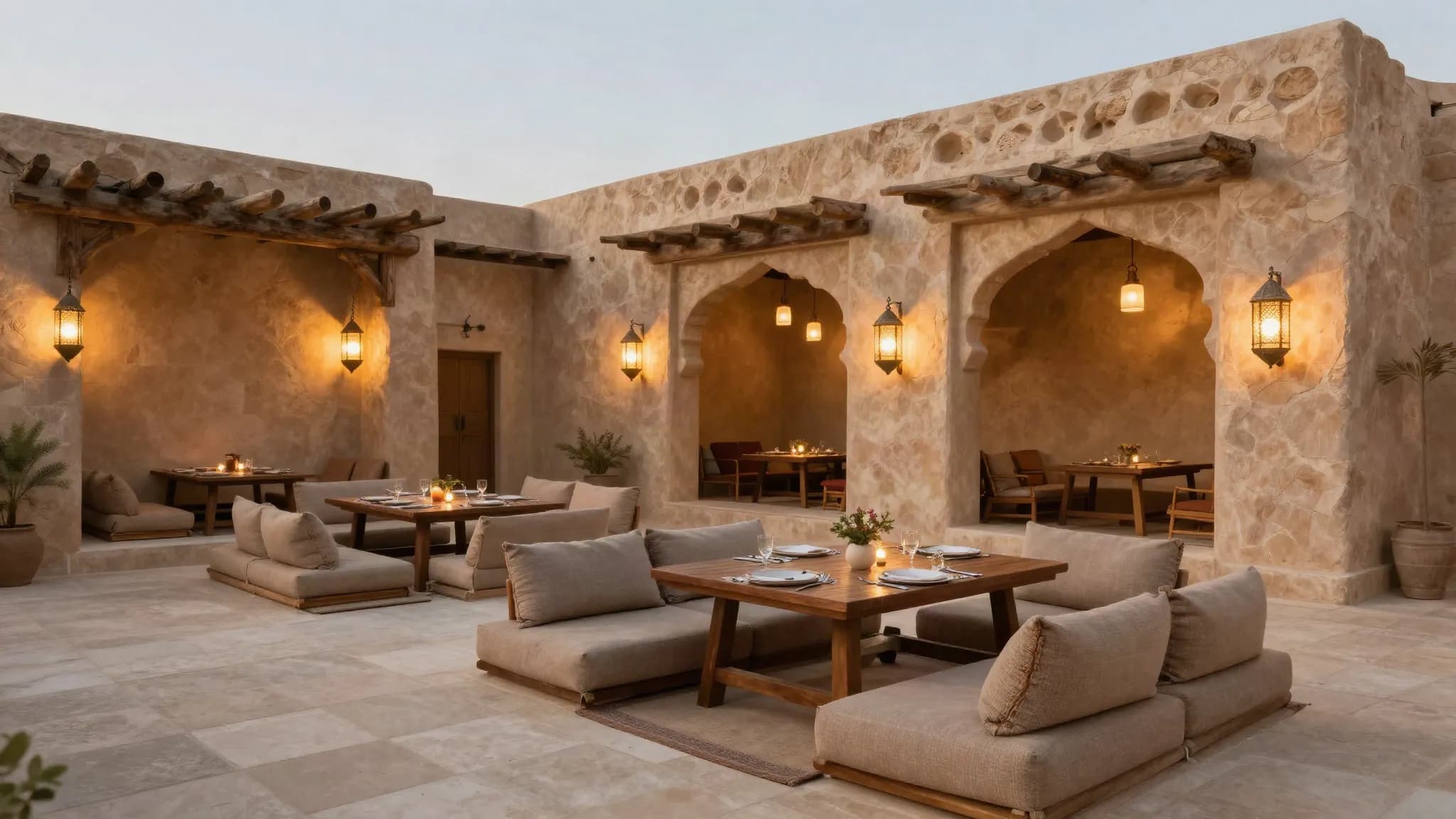 A restored heritage courtyard set for a floor-seated meal