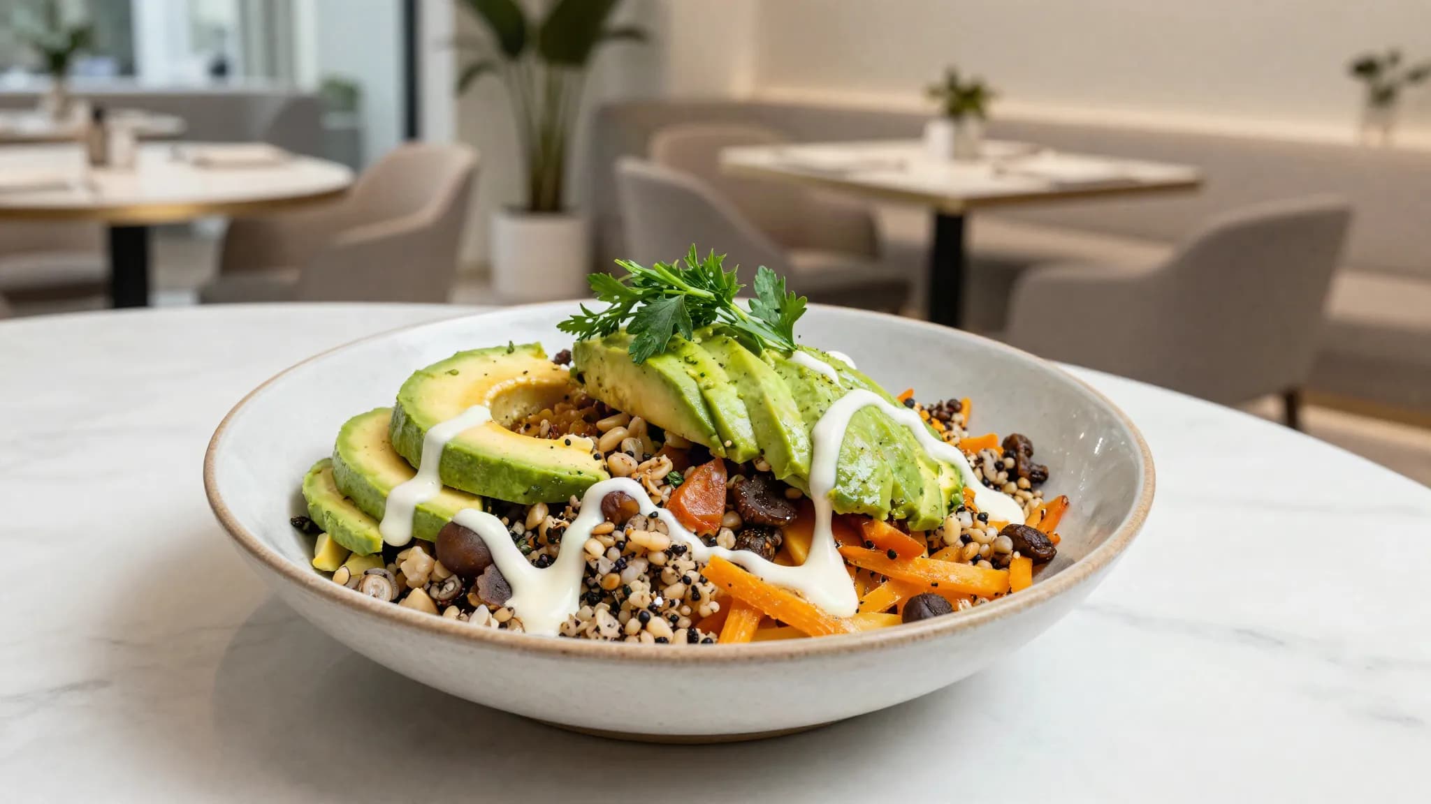A colourful vegetable and grain bowl in a modern dining room