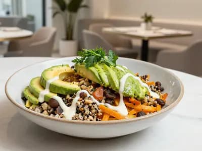 A colourful vegetable and grain bowl in a modern dining room